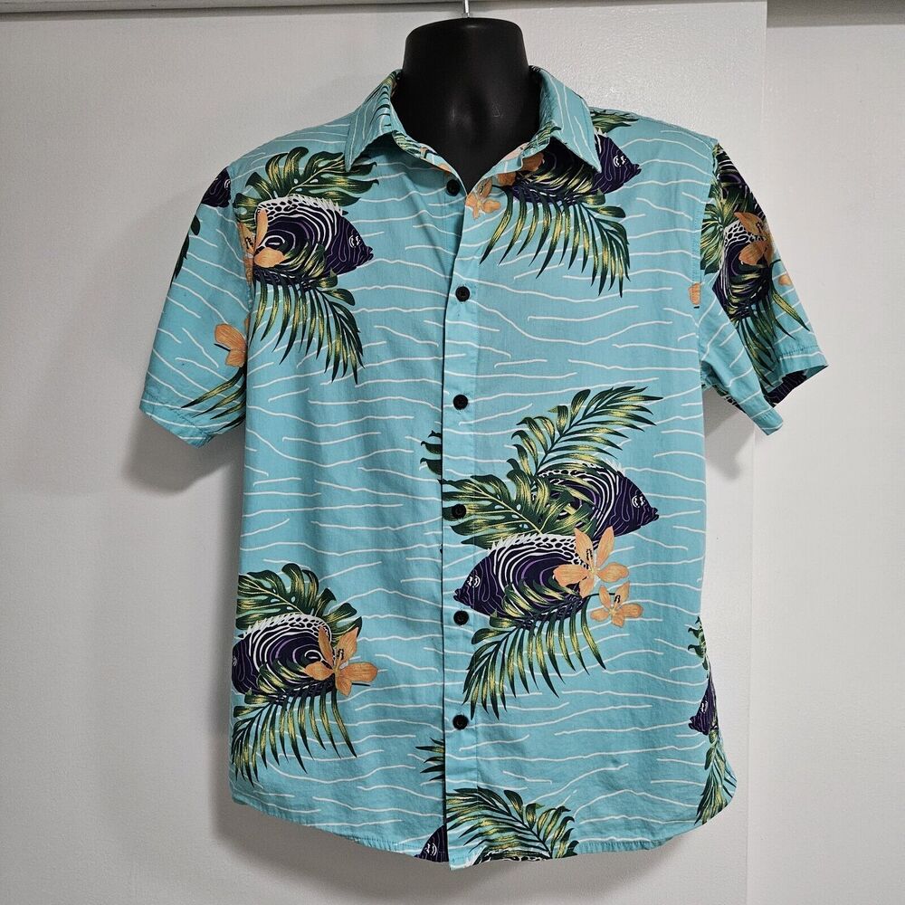 Neff Mens Size M Hawaiian Shirt Aqua Blue Multicolor Tropical Fish Cotton